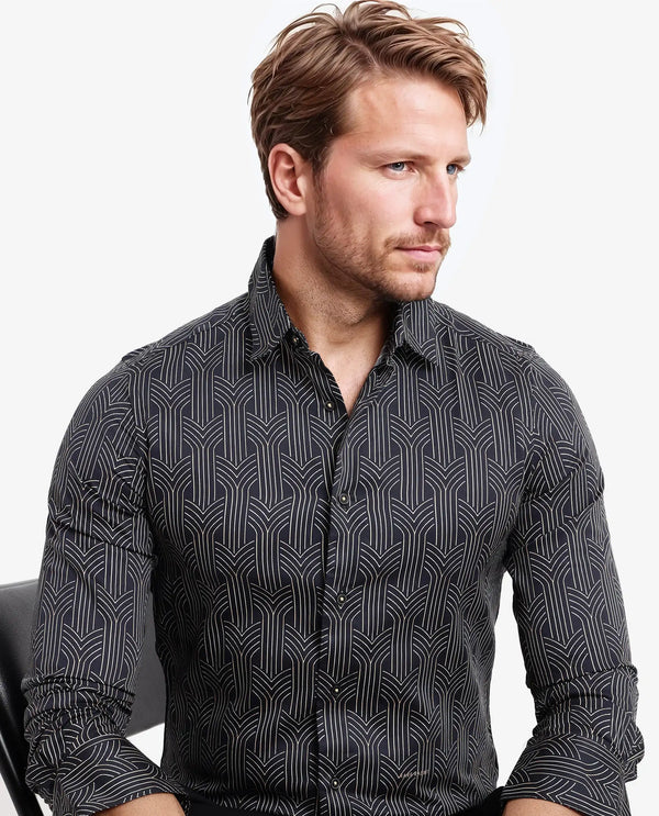 Rare Rabbit Men's Millens Black Cotton Fabric Geometric Print Full Sleeves Shirt