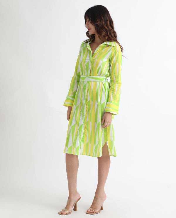 Rareism Women Miller Multi Cotton Fabric Full Sleeves Button Closure Shirt Collar Cuffed Sleeve Regular Fit Abstract Print Midi Boxy Dress