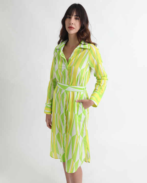 Rareism Women Miller Multi Cotton Fabric Full Sleeves Button Closure Shirt Collar Cuffed Sleeve Regular Fit Abstract Print Midi Boxy Dress