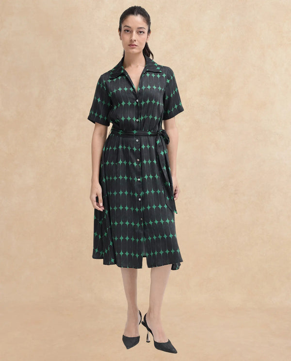 Rareism Women Millington Green Cotton Fabric Short Sleeve Collared Neck Geometric Print Longline Dress