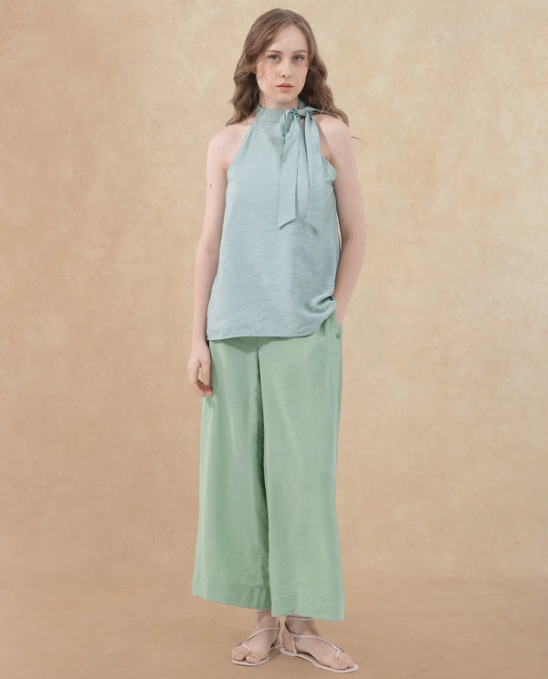 Rareism Women Millinia Pastel Green Viscose Nylon Fabric Button Closure Straight Fit Plain Ankle Length Trousers
