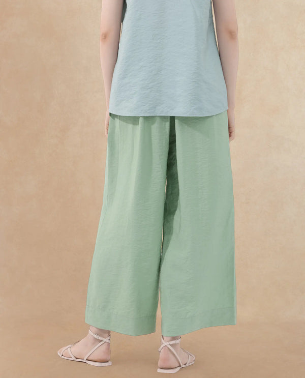 Rareism Women Millinia Pastel Green Viscose Nylon Fabric Button Closure Straight Fit Plain Ankle Length Trousers