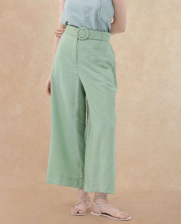 Rareism Women Millinia Pastel Green Viscose Nylon Fabric Button Closure Straight Fit Plain Ankle Length Trousers