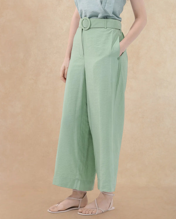 Rareism Women Millinia Pastel Green Viscose Nylon Fabric Button Closure Straight Fit Plain Ankle Length Trousers