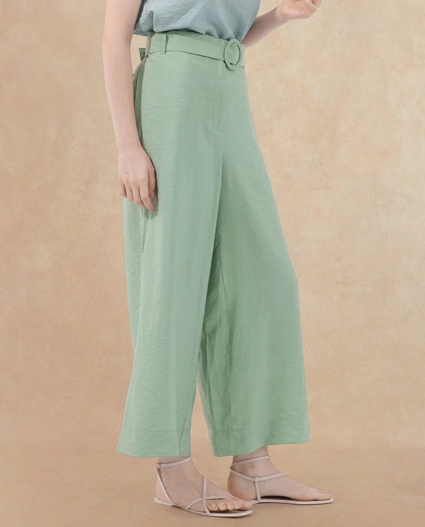 Rareism Women Millinia Pastel Green Viscose Nylon Fabric Button Closure Straight Fit Plain Ankle Length Trousers
