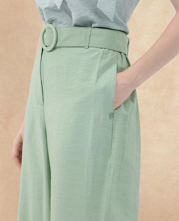 Rareism Women Millinia Pastel Green Viscose Nylon Fabric Button Closure Straight Fit Plain Ankle Length Trousers