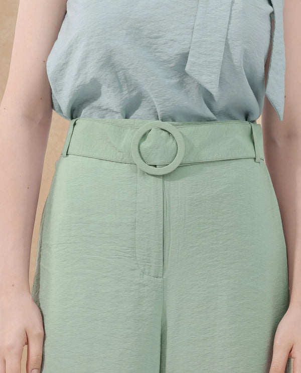 Rareism Women Millinia Pastel Green Viscose Nylon Fabric Button Closure Straight Fit Plain Ankle Length Trousers
