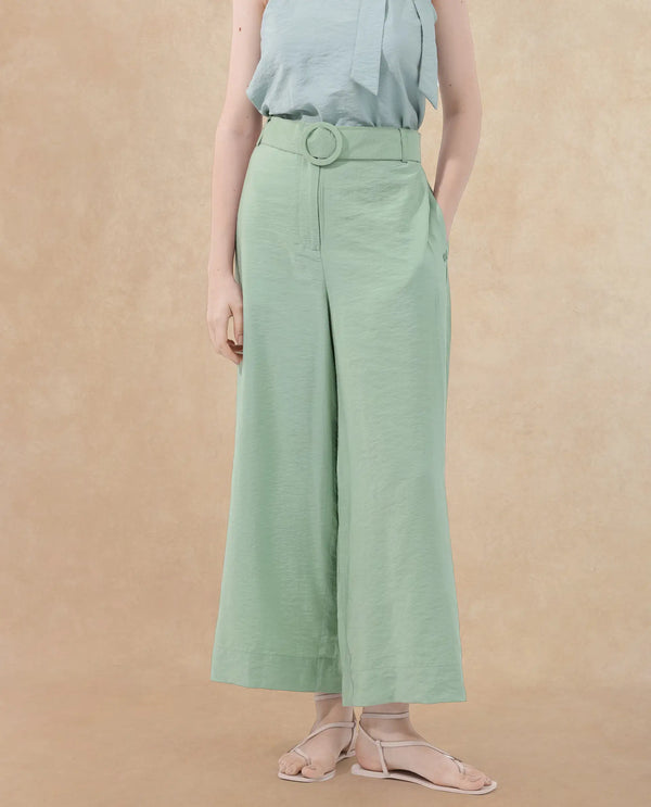 Rareism Women Millinia Pastel Green Viscose Nylon Fabric Button Closure Straight Fit Plain Ankle Length Trousers