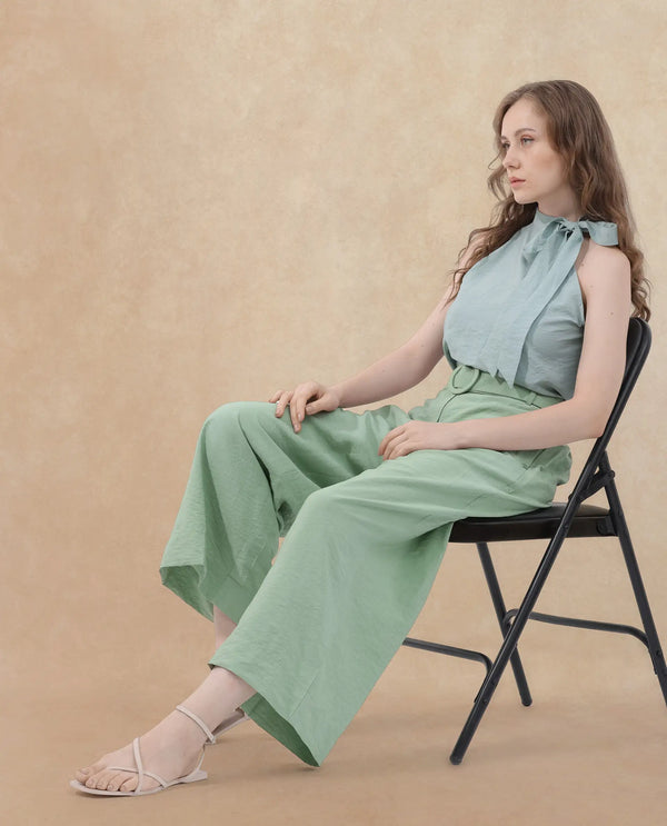 Rareism Women Millinia Pastel Green Viscose Nylon Fabric Button Closure Straight Fit Plain Ankle Length Trousers
