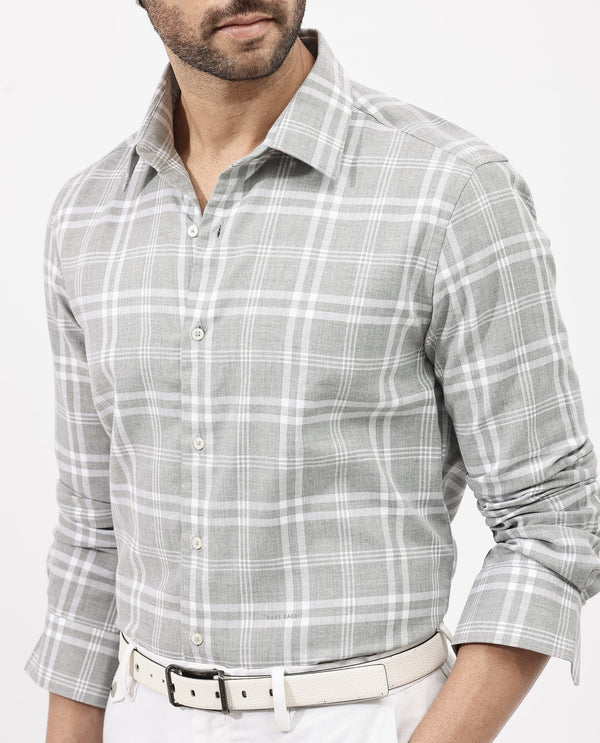 Rare Rabbit Mens Milton Grey Cotton Fabric Full Sleeve Regular Fit Checks Shirt