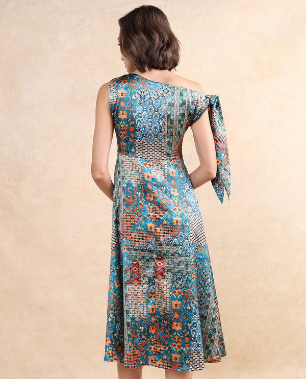 Rareism Women Minican Multi Satin Tie Up Sleeves Asymmetric Neck Zipper Closure Asymmetric Midi Abstract Print Dress