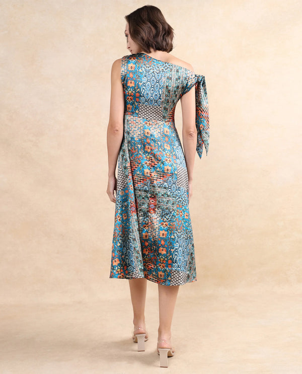 Rareism Women Minican Multi Satin Tie Up Sleeves Asymmetric Neck Zipper Closure Asymmetric Midi Abstract Print Dress