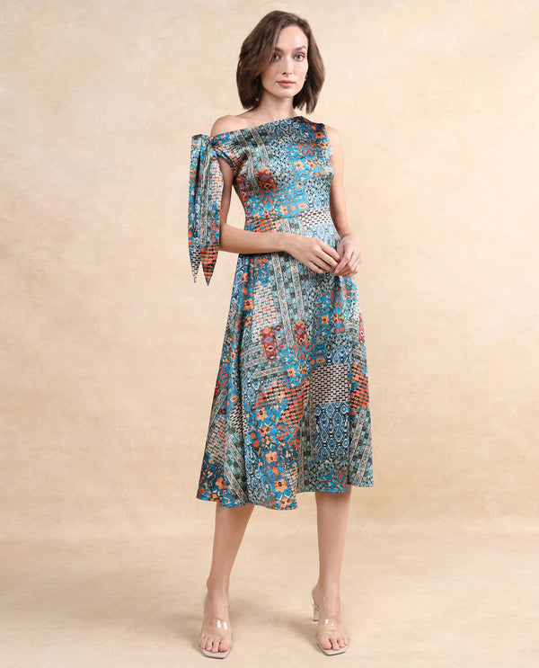 Rareism Women Minican Multi Satin Tie Up Sleeves Asymmetric Neck Zipper Closure Asymmetric Midi Abstract Print Dress