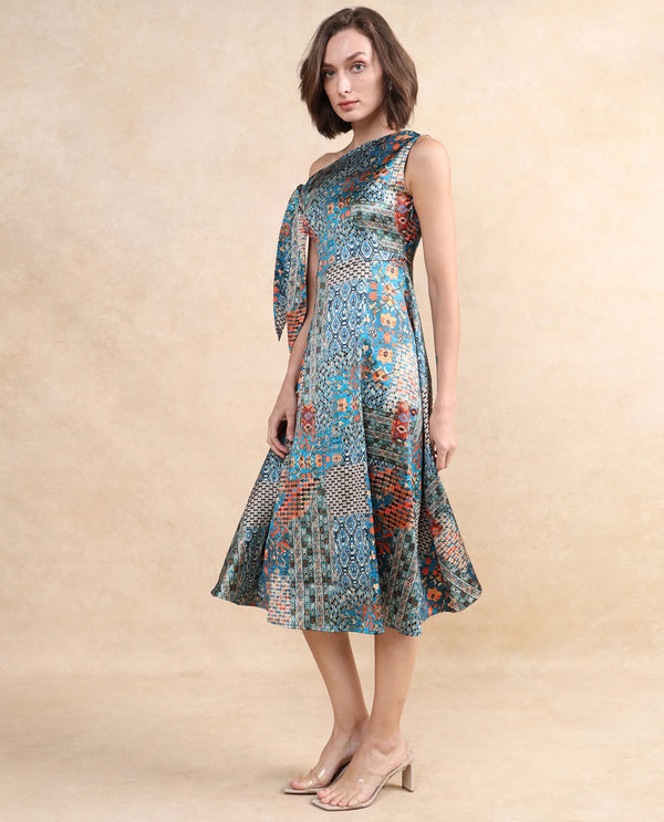 Rareism Women Minican Multi Satin Tie Up Sleeves Asymmetric Neck Zipper Closure Asymmetric Midi Abstract Print Dress