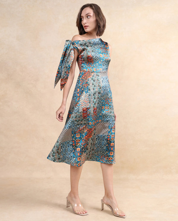 Rareism Women Minican Multi Satin Tie Up Sleeves Asymmetric Neck Zipper Closure Asymmetric Midi Abstract Print Dress