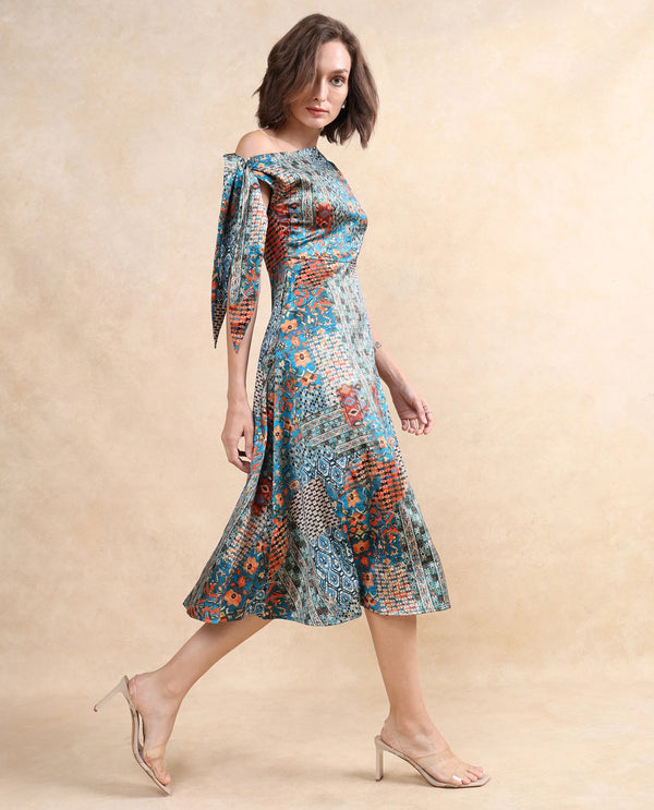 Rareism Women Minican Multi Satin Tie Up Sleeves Asymmetric Neck Zipper Closure Asymmetric Midi Abstract Print Dress