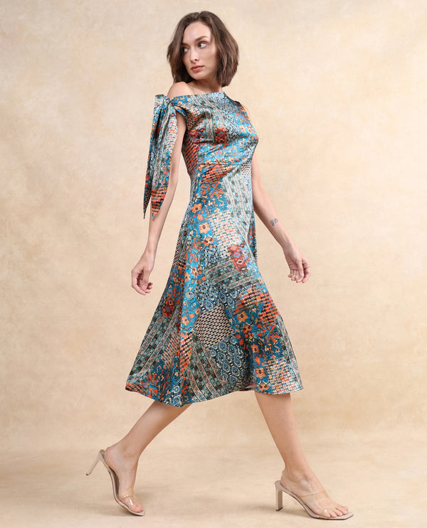 Rareism Women Minican Multi Satin Tie Up Sleeves Asymmetric Neck Zipper Closure Asymmetric Midi Abstract Print Dress