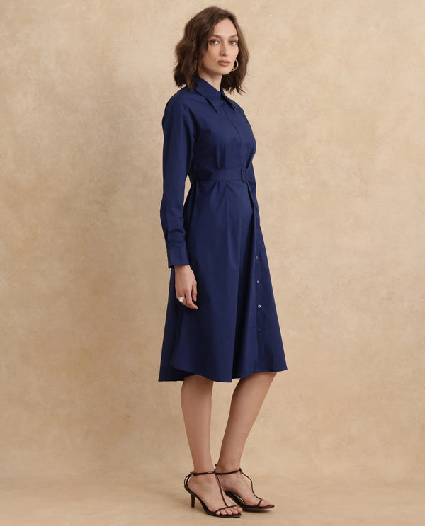 Rareism Women's Minifi Navy  Collared Neck Button Closure Cuffed Sleeve Plain Flared Knee Length Dress