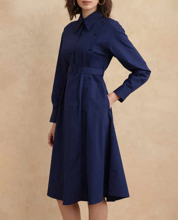Rareism Women's Minifi Navy  Collared Neck Button Closure Cuffed Sleeve Plain Flared Knee Length Dress