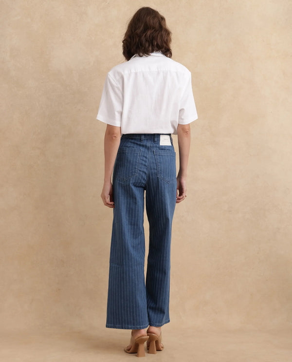 Rareism Women Minik Blue Cotton Polyester Fabric Striped Jeans