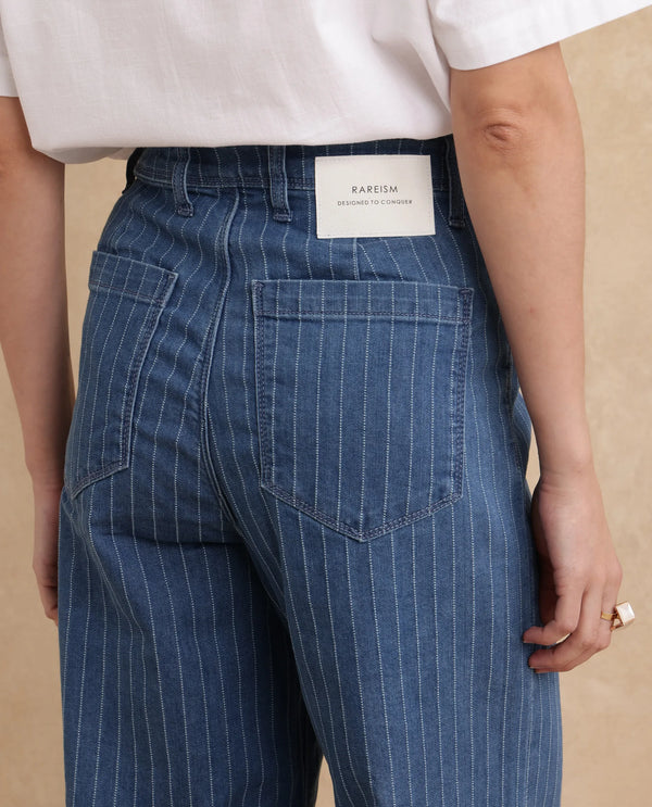 Rareism Women Minik Blue Cotton Polyester Fabric Striped Jeans