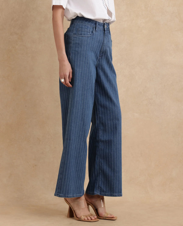 Rareism Women Minik Blue Cotton Polyester Fabric Striped Jeans