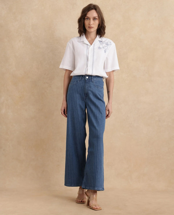 Rareism Women Minik Blue Cotton Polyester Fabric Striped Jeans