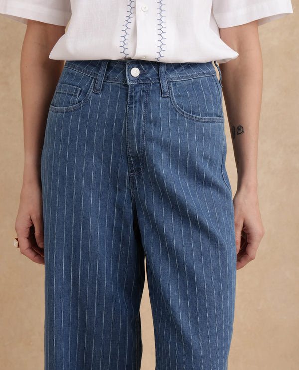 Rareism Women Minik Blue Cotton Polyester Fabric Striped Jeans
