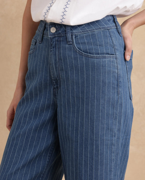 Rareism Women Minik Blue Cotton Polyester Fabric Striped Jeans