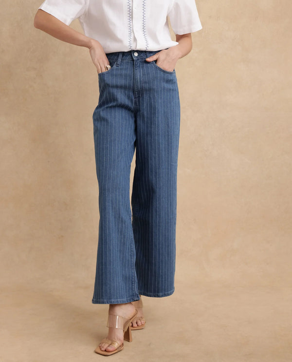 Rareism Women Minik Blue Cotton Polyester Fabric Striped Jeans