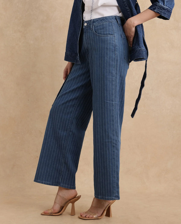 Rareism Women Minik Blue Cotton Polyester Fabric Striped Jeans