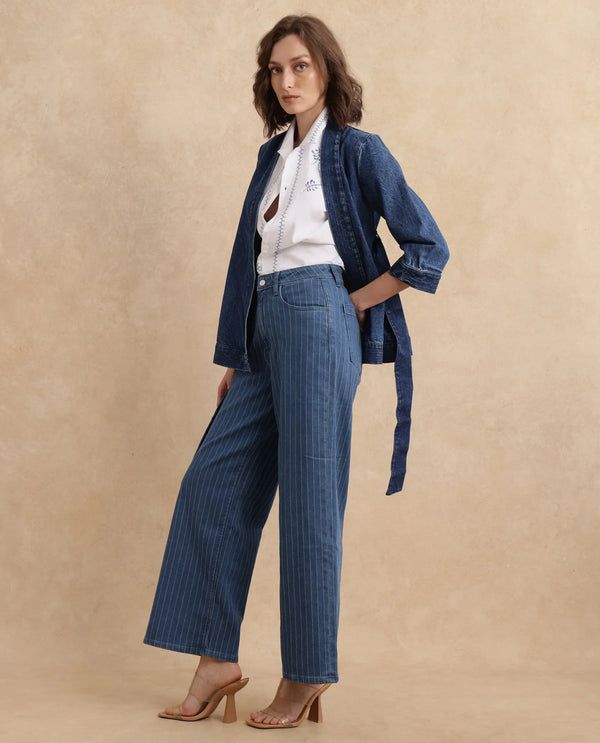 Rareism Women Minik Blue Cotton Polyester Fabric Striped Jeans