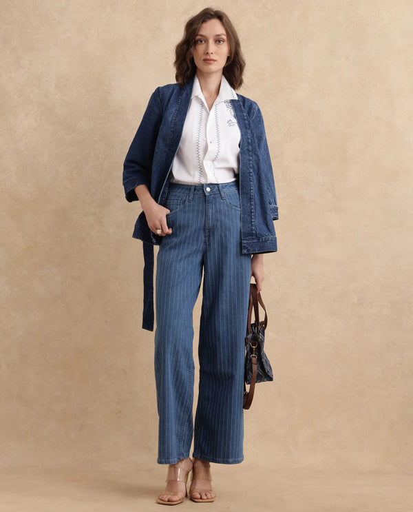 Rareism Women Minik Blue Cotton Polyester Fabric Striped Jeans