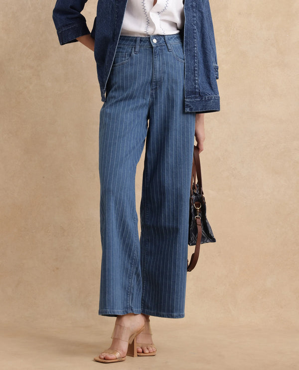 Rareism Women Minik Blue Cotton Polyester Fabric Striped Jeans