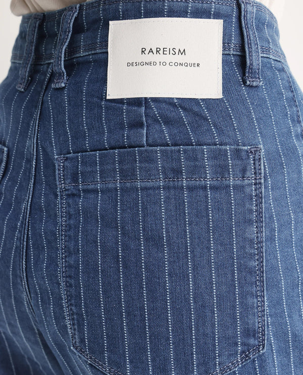 Rareism Women Minik Blue Cotton Polyester Fabric Striped Jeans