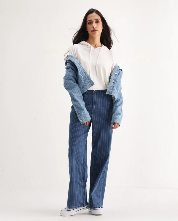 Rareism Women Minik Blue Cotton Polyester Fabric Striped Jeans