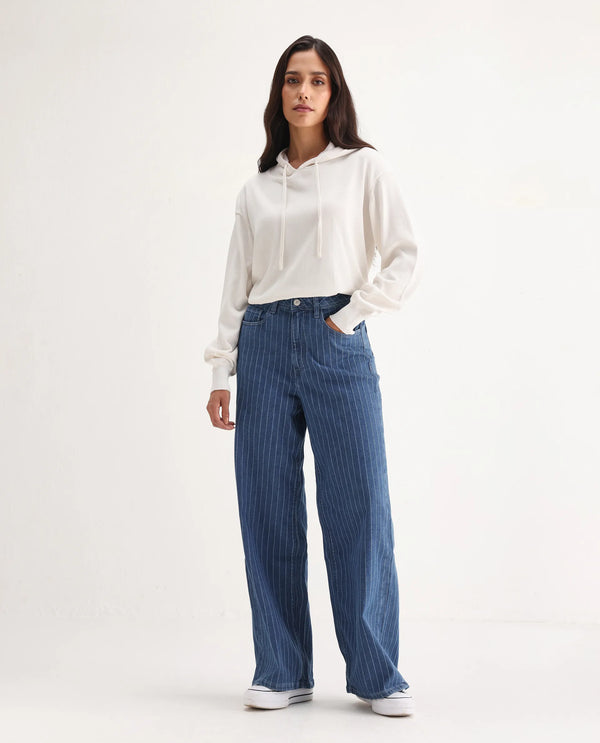 Rareism Women Minik Blue Cotton Polyester Fabric Striped Jeans