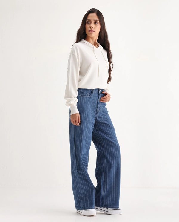 Rareism Women Minik Blue Cotton Polyester Fabric Striped Jeans