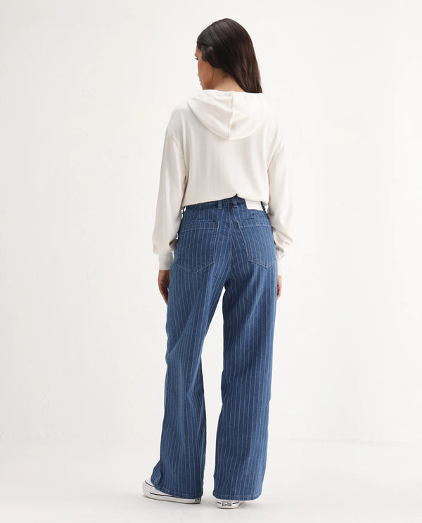 Rareism Women Minik Blue Cotton Polyester Fabric Striped Jeans