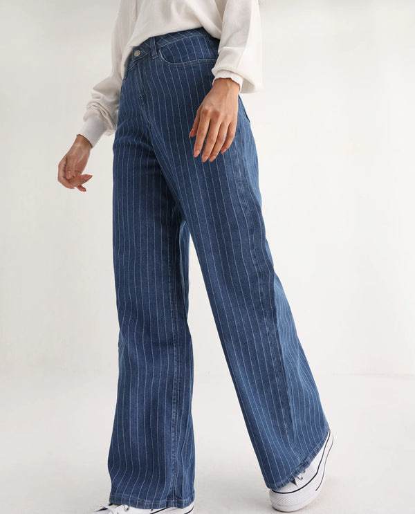 Rareism Women Minik Blue Cotton Polyester Fabric Striped Jeans