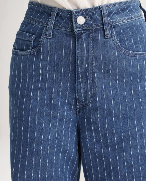 Rareism Women Minik Blue Cotton Polyester Fabric Striped Jeans