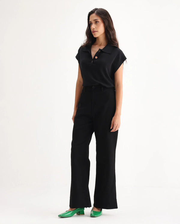 Rareism Women Miniko Black Cotton Elastane Fabric Solid Regular Length Jeans
