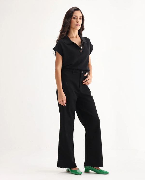 Rareism Women Miniko Black Cotton Elastane Fabric Solid Regular Length Jeans