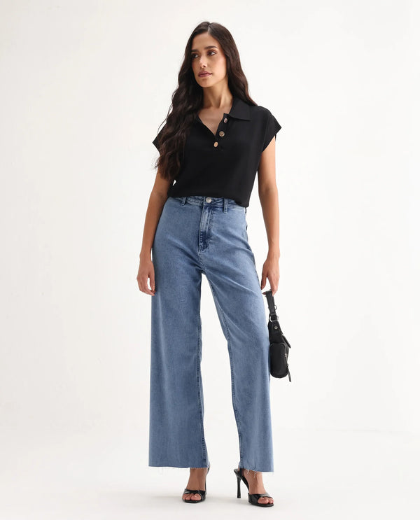 Rareism Women Miniko Light Blue Cotton Elastane Fabric Solid Regular Length Jeans