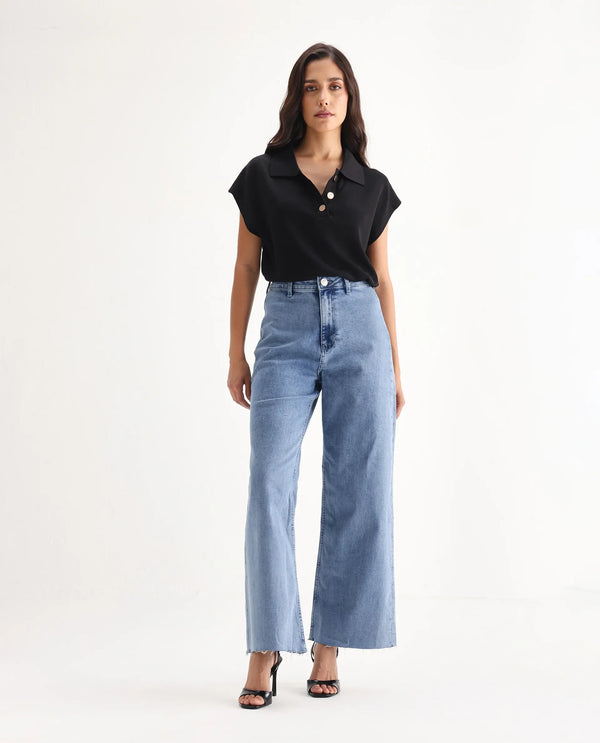 Rareism Women Miniko Light Blue Cotton Elastane Fabric Solid Regular Length Jeans