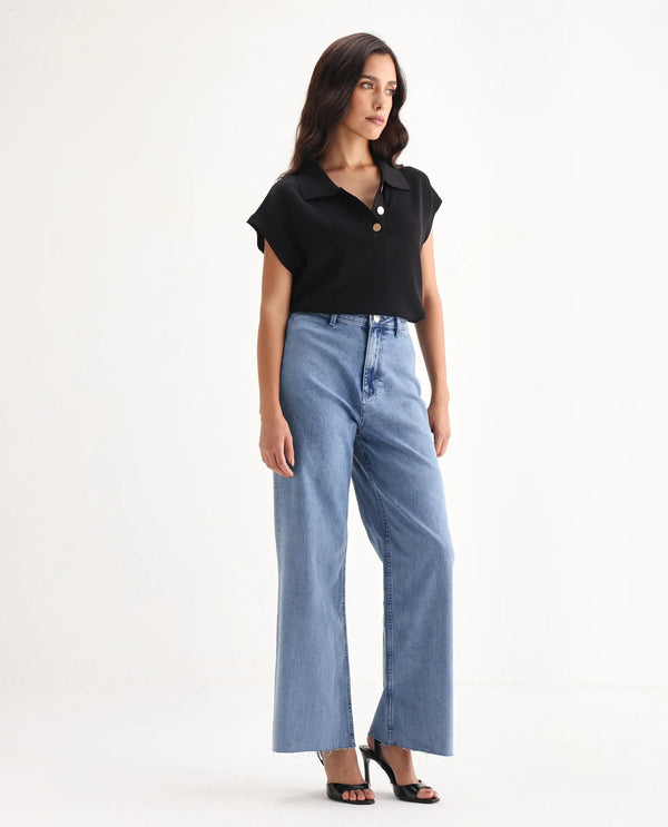 Rareism Women Miniko Light Blue Cotton Elastane Fabric Solid Regular Length Jeans