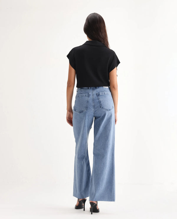 Rareism Women Miniko Light Blue Cotton Elastane Fabric Solid Regular Length Jeans