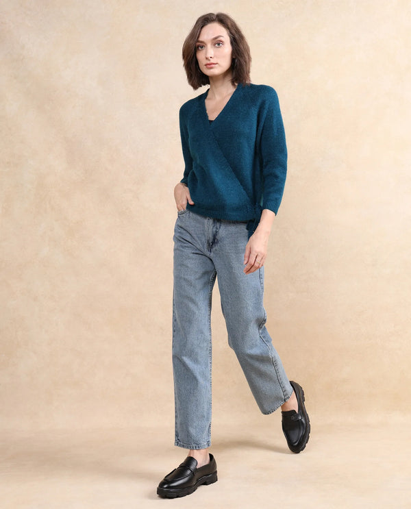 Rareism Women Minjin Dark Teal Relaxed Fit Plain Cardigan