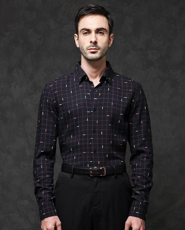 Rare Rabbit Mens Minor Black Viscose Fabric Full Sleeve Geometric Print Shirt