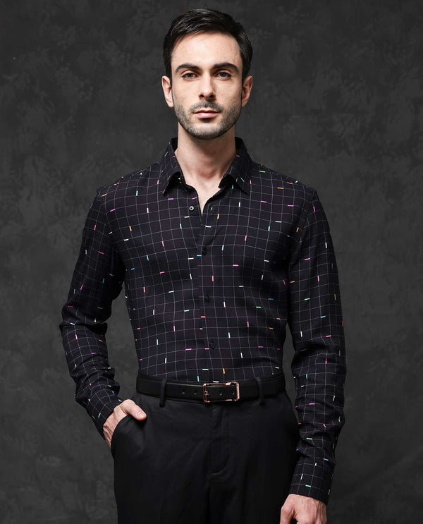 Rare Rabbit Mens Minor Black Viscose Fabric Full Sleeve Geometric Print Shirt